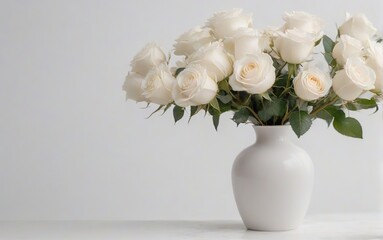 Florero color blanco con rosas blancas sobre fondo blanco 