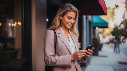 Confident and smiling business woman using smartphone in modern office