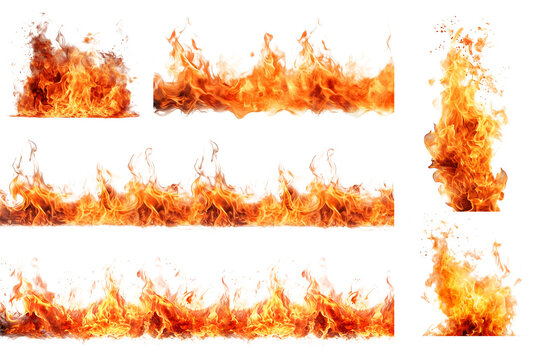 Set of flames on a transparent background. A set of design elements, overlays of open flames and fire in various shapes. Long horizontal strip of fire, the concept of a blaze, a design element