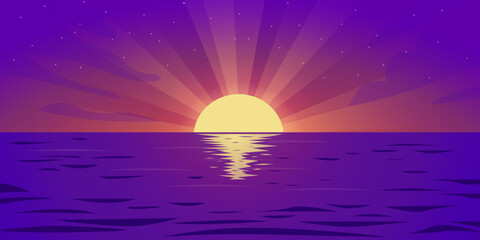 Vector beautiful sunset, reflection of the sun on the water. Beautiful evening landscape at a sea sunset in purple hues. vector cartoon illustration