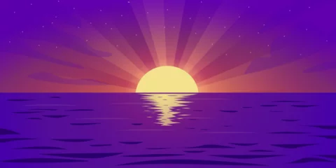Deurstickers Vector beautiful sunset, reflection of the sun on the water. Beautiful evening landscape at a sea sunset in purple hues. vector cartoon illustration © Katrin_the_artist