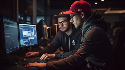Two young professionals working on a computer project in a modern workspace