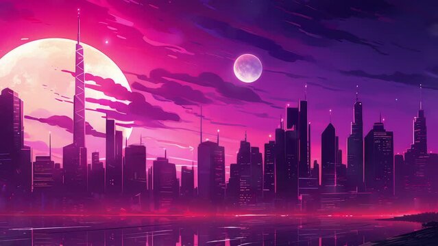Synthwave tech Vintage retro pink purple vaporwave synthwave city town buildings cityscape background at sunset. Graphic Art - Seamless loop animation, created using AI Generative Technology