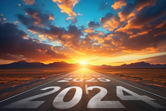 2025 written on highway road in the middle of asphalt road and dark cloudy  sky. Future vision 2025 Stock Photo