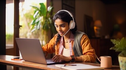 Young Indian woman studying online with laptop and notebook at home office. E-learning and remote work concept. - obrazy, fototapety, plakaty