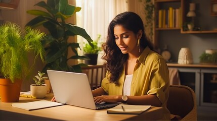 Young Indian woman studying online with laptop and notebook at home office. E-learning and remote work concept.