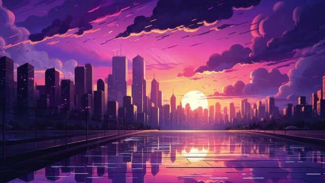 Synthwave tech Vintage retro pink purple vaporwave synthwave city town buildings cityscape background at sunset. Graphic Art - Seamless loop animation, created using AI Generative Technology