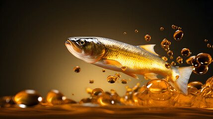 Fish jumping out of a golden sea of fish oil rich in essential fatty acids. The drops produced by breaching the surface of the oil remind of omega 3 capsules for use as a dietary supplement. - obrazy, fototapety, plakaty