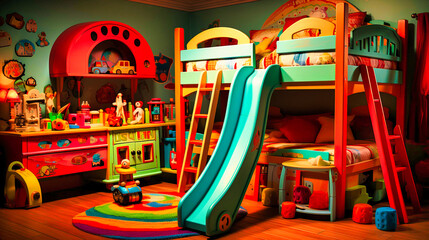 Fototapeta na wymiar Cool Kid's Room with Bunk Beds, Colorful Decor, and Educational Toys, Learning Playground