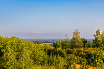 Rural scenery, view of meadows, farmlands, hills, forest, clumps of bushes