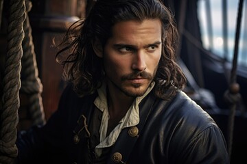 Male model as a dashing pirate captain on a historical sailing ship