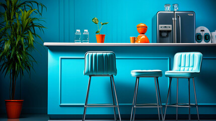 Vibrant Turquoise Kitchen Bar with Retro Stools, Lush Indoor Plants, and Contemporary Appliances
