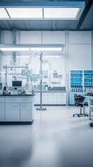 A bright laboratory with a number of equipment, in the style of  gray and azure