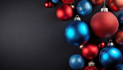 Fototapeta na wymiar Blue and red Christmas baubles decoration on dark black background with copy space. 