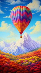 A hot air balloon over a snow covered mountain