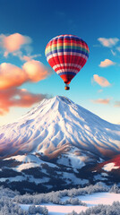 A hot air balloon over a snow covered mountain