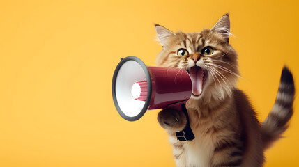 Cat announcing using megaphone. Notifying, warning, announcement.