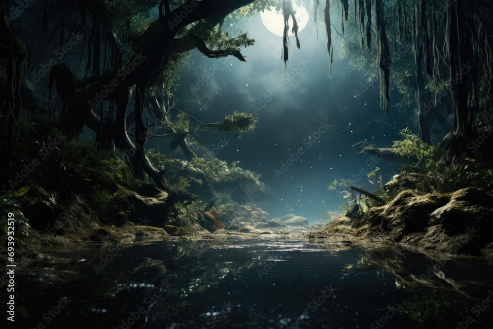 Poster A dark forest with a stream running through it. Perfect for nature and landscape enthusiasts