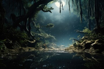 A dark forest with a stream running through it. Perfect for nature and landscape enthusiasts