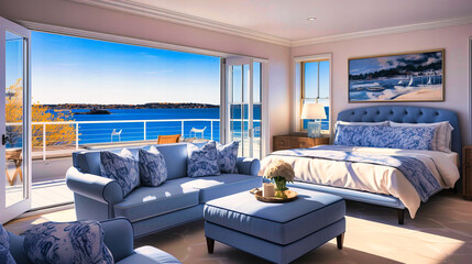 Coastal Bedroom with Nautical Decor, Blue and White Palette, and Seashell Accents, Ocean Retreat