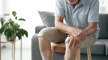 A man sitting on a chair and holding his knee. This image can be used to depict pain, injury, physical therapy, or discomfort