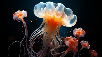 A mesmerizing display of bioluminescent jellyfish, their long tentacles gracefully dancing in the water, showcasing the stunning diversity of marine invertebrates in an aquarium