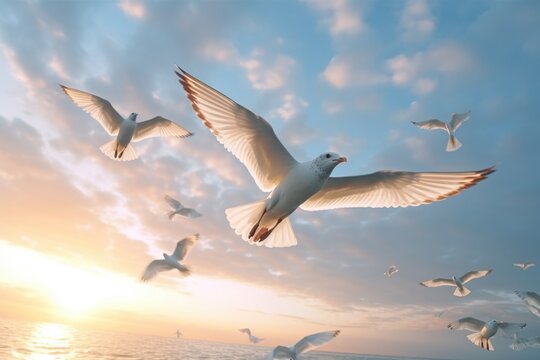 Seagulls flying gracefully over the ocean during a breathtaking sunset. Perfect for beach-themed designs and travel-related projects