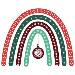 Boho Christmas rainbow with Christmas ball, snowflakes, stars, vector.