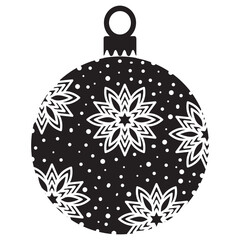 Black and white Christmas tree ball silhouette with snowflakes, vector.