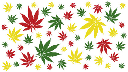 Cannabis leaves illustration texture rasta colors background wallpapers banner. Red yellow green marijuana leaf template design art blank pattern