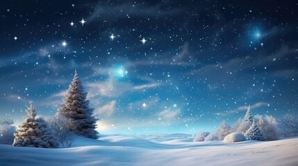 Naklejka premium Fantastic winter landscape with christmas tree. 3D rendering. Christmas background with christmas tree, snow and stars. Beautiful christmas night. Generative Ai
