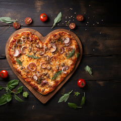 Heart shaped pizza on a dark wooden background. Top view with copy space.