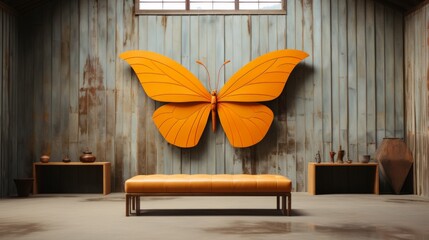 A vibrant wooden butterfly sculpture adds a whimsical touch to the indoor room, its orange wings...