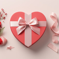 Red gift box in shape of heart with bow and ribbon on pink background