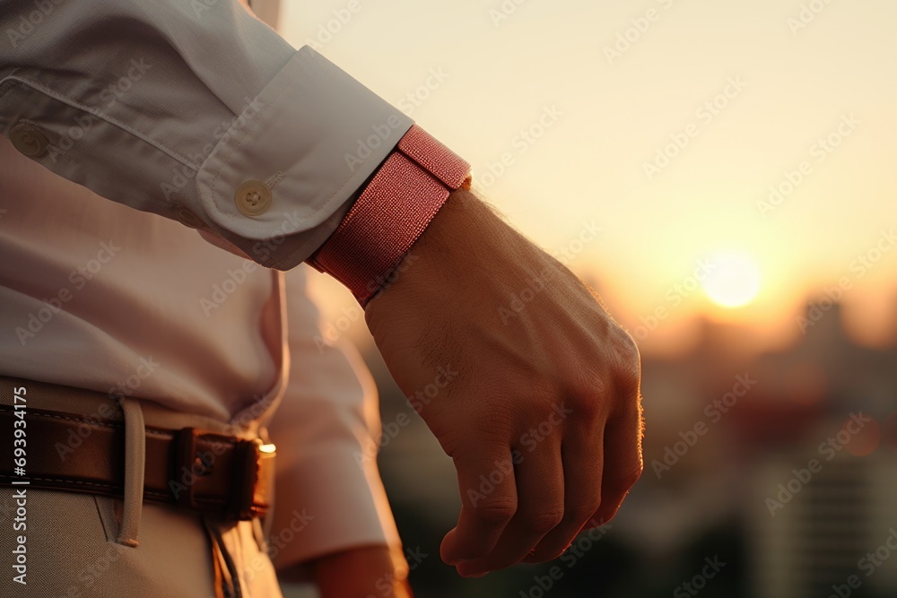 Poster a close-up view of a person wearing a watch. this image can be used to showcase style, fashion, or p