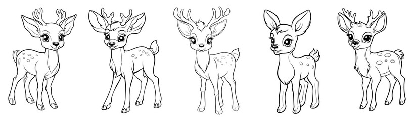 Cute baby deer or fawn, simple thick lines kids or preschool children cartoon coloring book pages. Clean drawing illustration. Generative AI