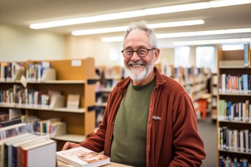 Senior man volunteering at a local library - obrazy, fototapety, plakaty