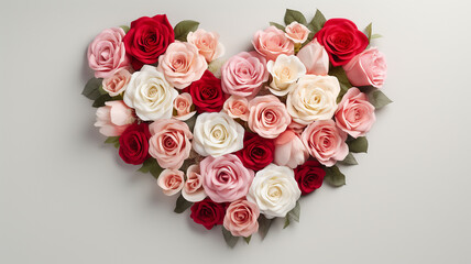 Heart shape of red, white and pink roses on white background.