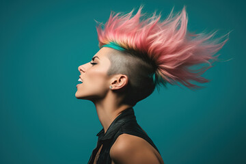 Girl with pink mohawk hairstyle screaming. Generative Ai - obrazy, fototapety, plakaty