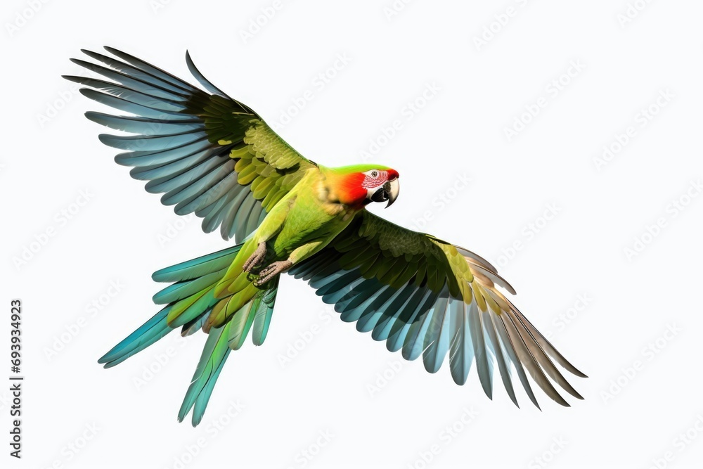Poster a vibrant parrot with green and red feathers soaring through the air. perfect for nature enthusiasts