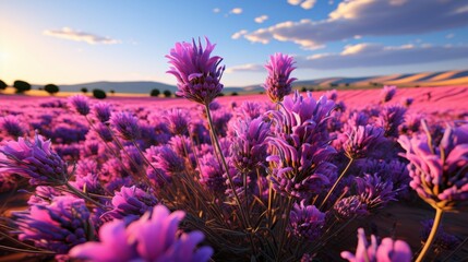 As the sun sets over the sprawling landscape, a vibrant field of lavender forb and violet flowers...
