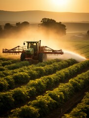 Fototapeta premium Tractor Spraying Pesticides on Soy Field