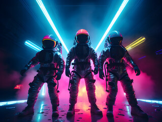 Fototapeta premium Futuristic astronauts or spacemen with colorful neon light