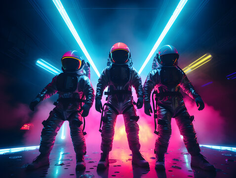 Futuristic astronauts or spacemen with colorful neon light