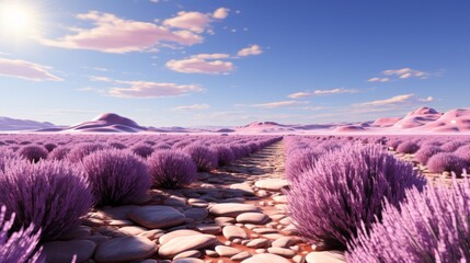 A serene journey through a sea of lavender fields, under a purple sky with scattered clouds,...