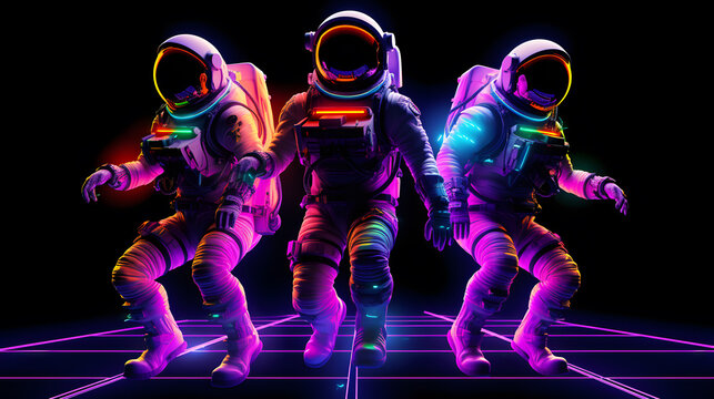 Futuristic astronauts or spacemen with colorful neon light