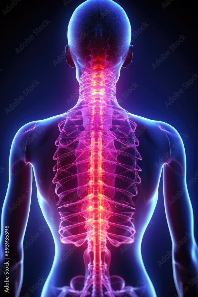 Poster a picture of a man's back with a highlighted spine. this image can be used to illustrate medical con