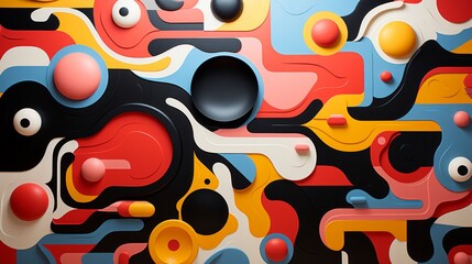 Vibrant hues dance across a playful mural, blending abstract shapes and cartoon-like graphics into...