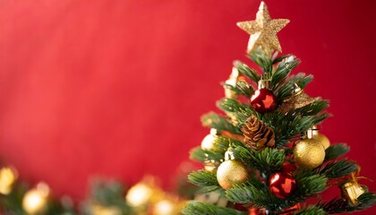 Christmas tree and red background, text space 
