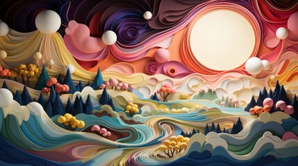 Vibrant colors and whimsical characters bring this handcrafted paper landscape to life, blending...